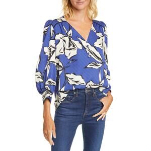NEW Veronica Beard Milan Blue Ultramarine Floral Printed Silk Blouse, Size 2